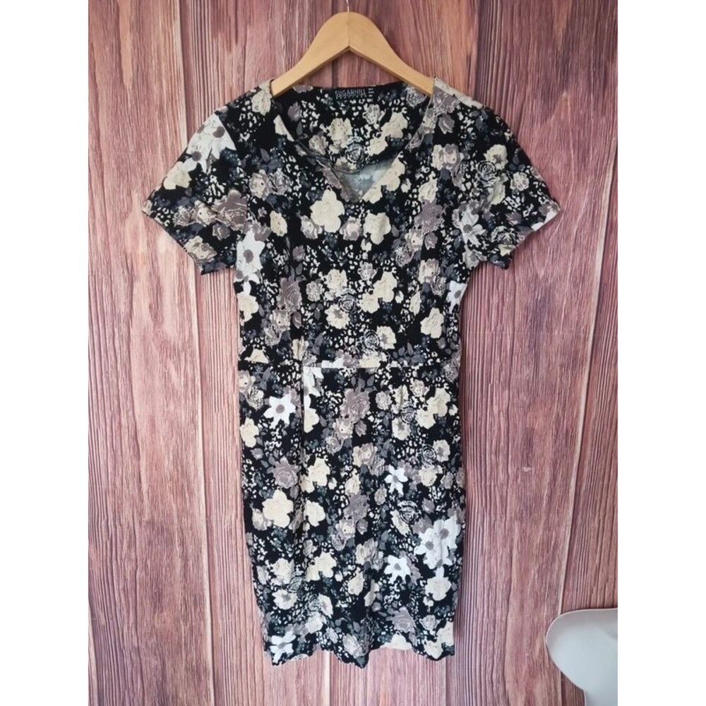 Sugarhill black mini dress cream and gray short sleeve size 6